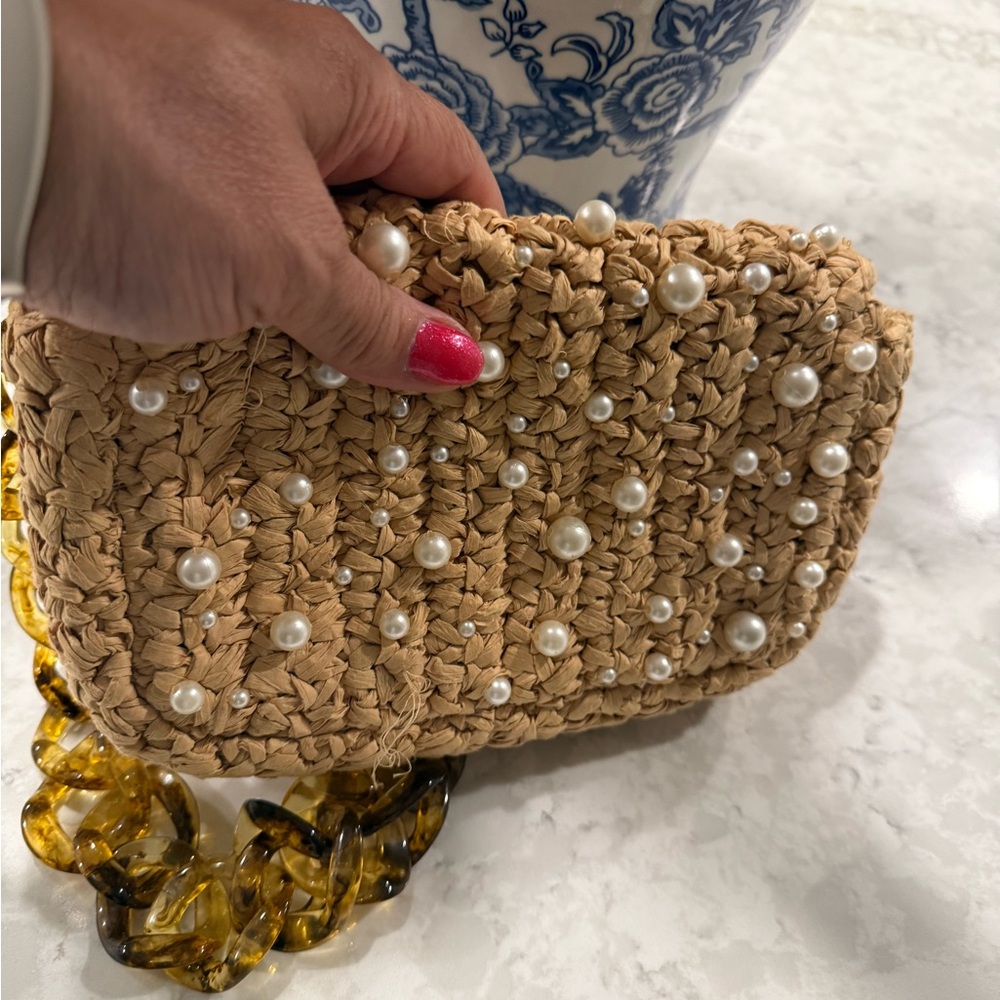 Anthropologie Tan Beaded Clutch with Gold Chain.  Used once like new !
